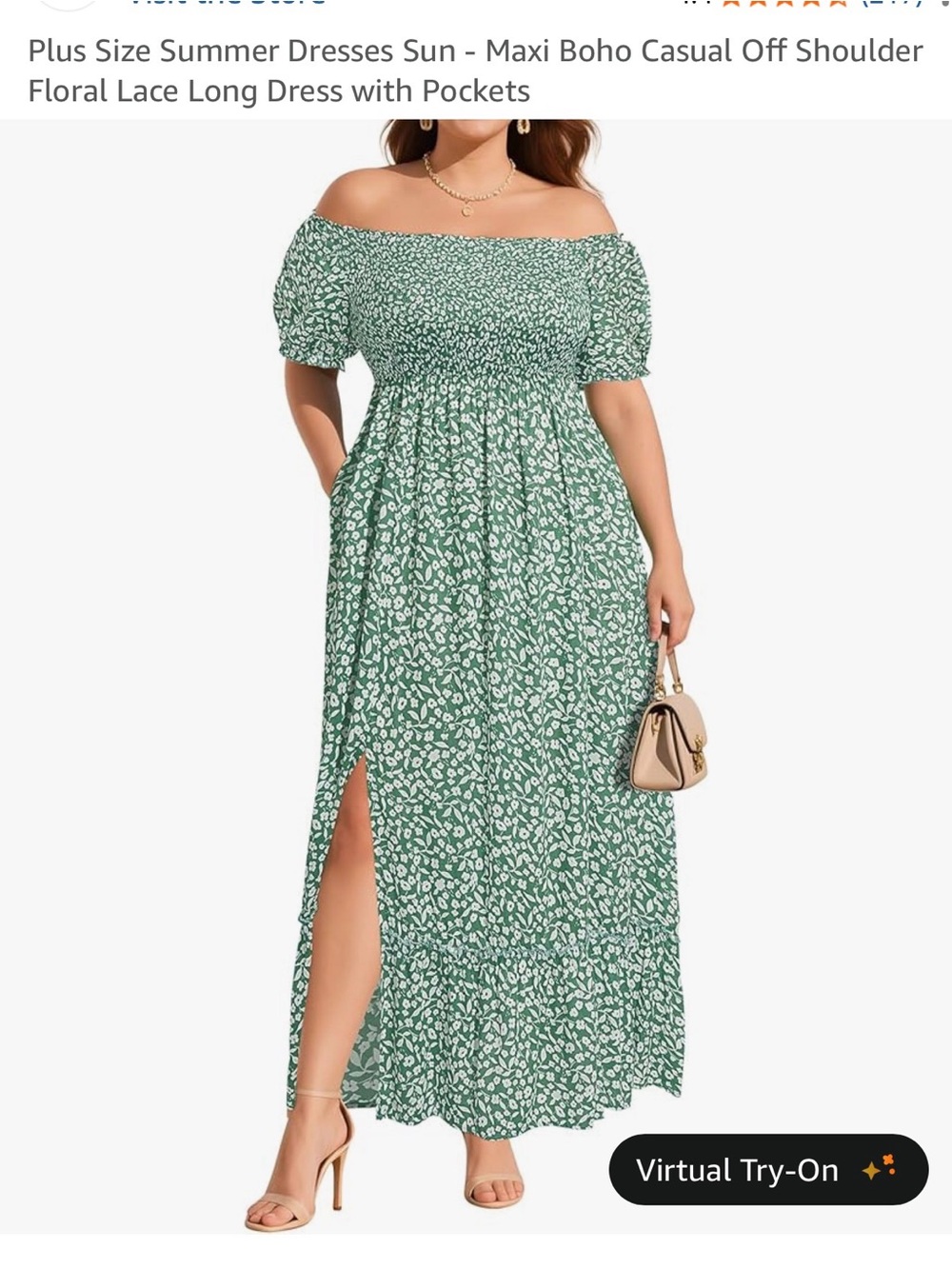 Amazon Plus Size Off-Shoulder Green Floral Maxi Dress